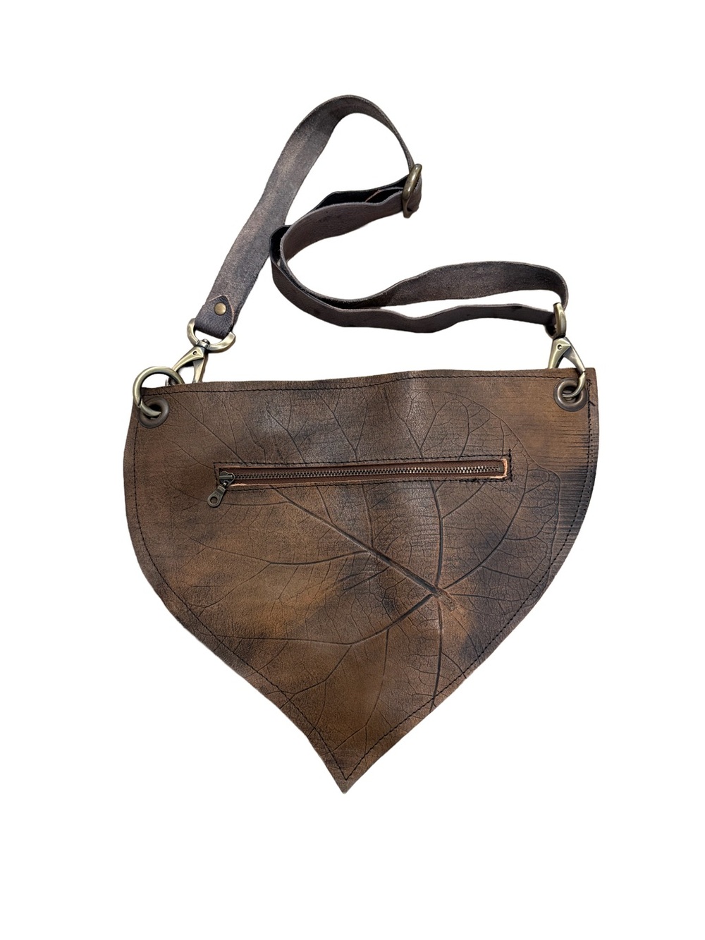 Leaf-Embossed Brown Leather Crossbody Bag